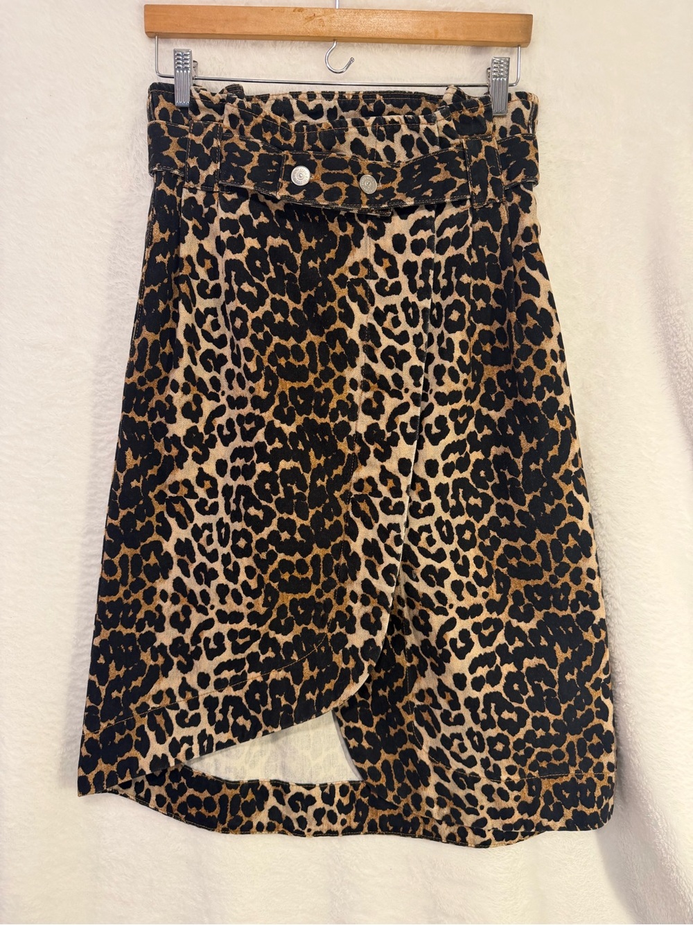 Ganni Asymmetrical Skirt Size 6 Leopard Animal Print Denim Midi Belted Luxury